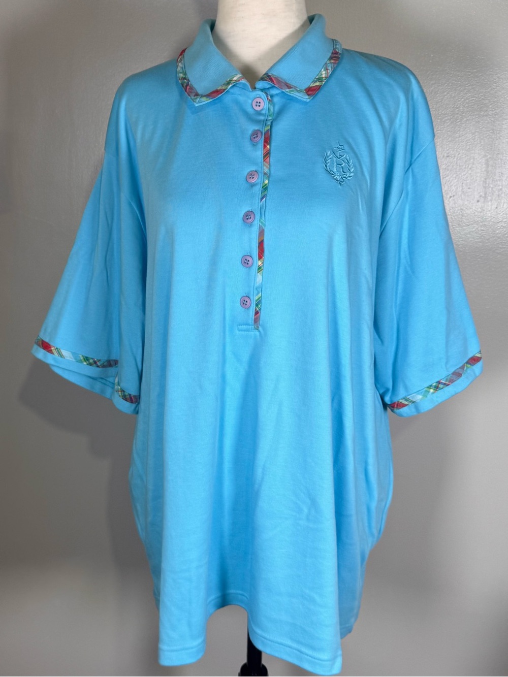 Koret 90s Teal Blue Plaid Trim Embroidered Crest Short Sleeve Golf Polo Top